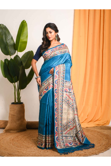 Madhubani Hand Paint Tussar Saree in Shades of Blue - BSHP30